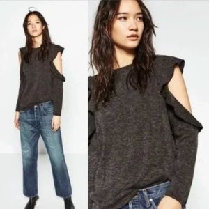 Zara W&B Collection Gray Knit Ruffle Cold Shoulder Sleeve Sweater - S